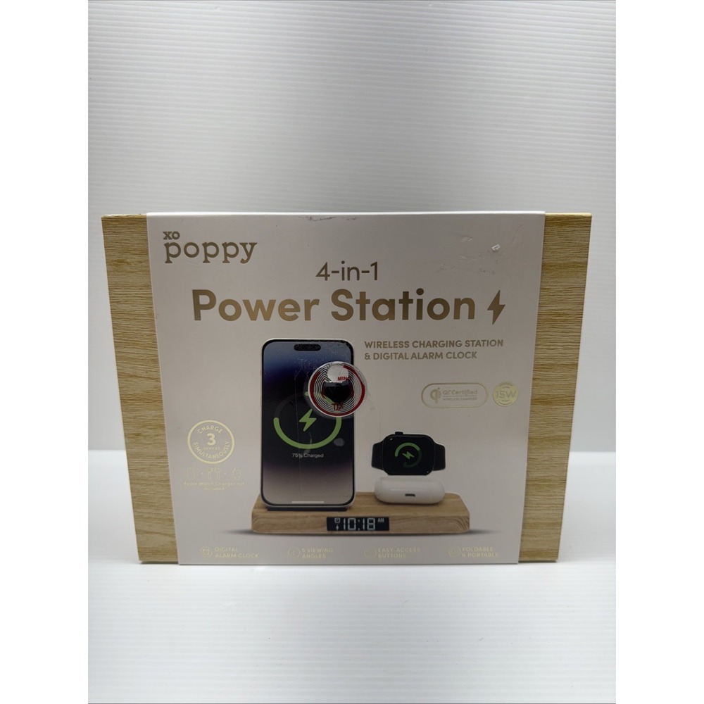 Xo Poppy 4-in-1 Power Charging Station Wireless & Digital Alarm Clock New In Box